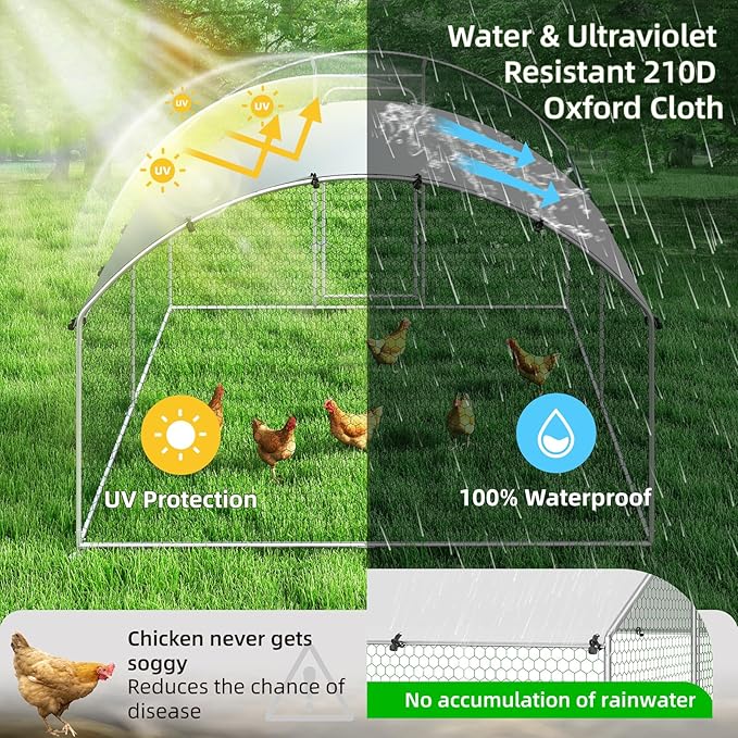 Large Metal Chicken Coop Walk-in Poultry Cage with Waterproof and UV-Resistant Cover, Outdoor Chicken Run Poultry Hen House for Backyard Farm Use,Dome Roof(10’ W x 13.2’ L x 6.4’ H)