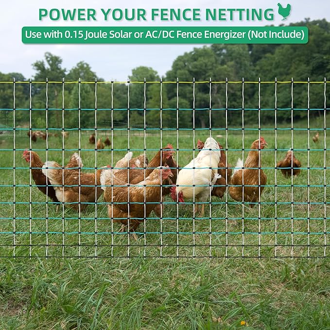 Poultry Netting Electric Fence - 164' L x 47.5" H, Portable Livestock Nets Mesh for Chickens, Ducks, Geese, Turkey, Electric Fencing for Backyards, Homesteaders, Farms, Ranches, Gardens