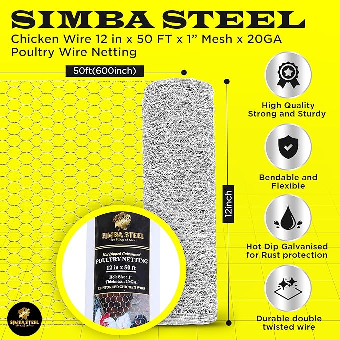 Chicken Wire 12 in x 50 FT x 1” Mesh x 20GA | Poultry Wire Netting | Hot Dipped Galvanised | Hexagonal Galvanized Mesh for Chicken Coop, Rabbit Cage, Fence Barrier (12X50)