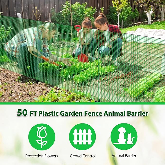 Temporary Fence with Posts, 4'x50' Plastic Fencing Garden Fence Animals Barrier with Fiberglass Stake Windbreak Rope, Portable Snow Fences, Fencing for Dogs Outdoors Backyard (Green)