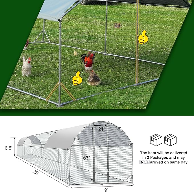 Large Metal Chicken Coop Upgrade Tri-Supporting Wire Mesh Chicken Run,Chicken Pen with Water-Resident and Anti-UV Cover,Duck Rabbit House Outdoor(9'W x 25'L x 6.5'H)