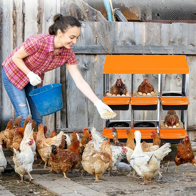 Chicken Nesting Box, 6 Compartment Roll Away Egg Laying Box for Hens, Wall Mounted & Freestanding (2 Modes of Use), Easy Egg Collection, Cleanable Pull Out Nesting Box, Org, NL