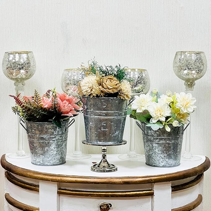 Hosley Set of 3 Galvanized Acid Wash Finish Bucket/Pots with PVC Liner 5" Dia x 5" H, Ideal Gift for Floral Arrangements Wedding Home Office Party DIY Indoor Outdoor Garden Patio