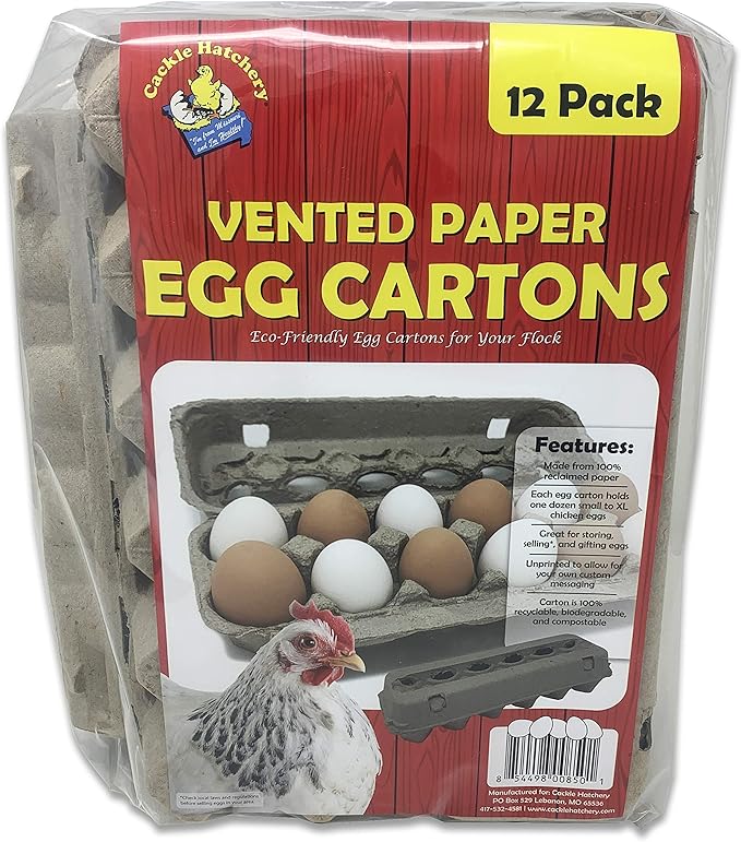 Cackle Hatchery Vented Paper Pulp Egg Cartons (12 Pack) - Holds 1 Dozen Chicken Eggs - Biodegradable & Compostable - Medium Size