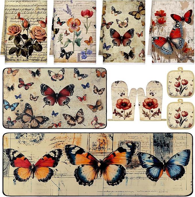 10 Pcs Butterfly Kitchen Dish Towels Rugs Oven Mitts and Pot Holders Set Farmhouse Kitchen Decor Set for Women Mom Daughter Gift Cooking Baking Grilling(Classic Colors)