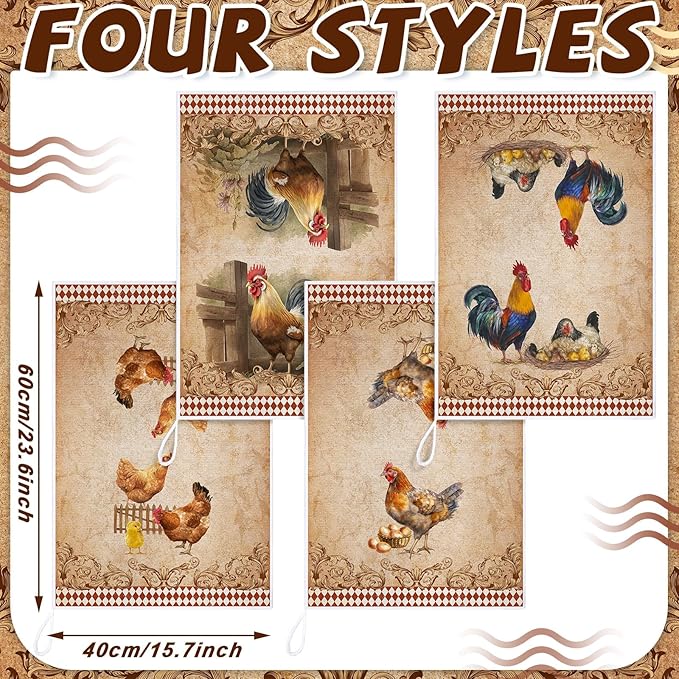 Geyoga 4 Pcs Chicken Kitchen Towels Rooster Dish Hand Towels Farm Animal Cow Vintage Rustic Tea Cloth for Spring Easter Bathroom Farmhouse Decor Gifts, 16 x 24 Inch(Classic Color,Rooster)
