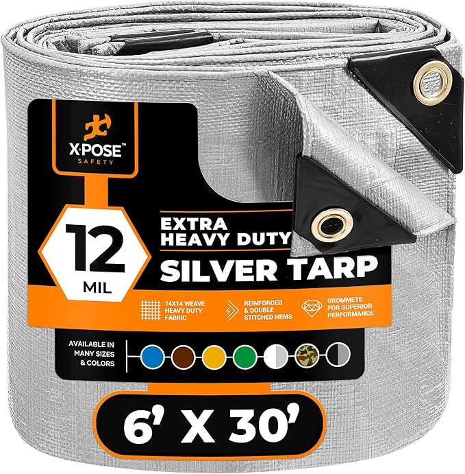 Heavy Duty Silver Poly Tarp 6' X 30' - Multipurpose Protective Cover - Durable, Waterproof, Weather Proof, Rip and Tear Resistant - Extra Thick 12 Mil Polyethylene - by Xpose Safety