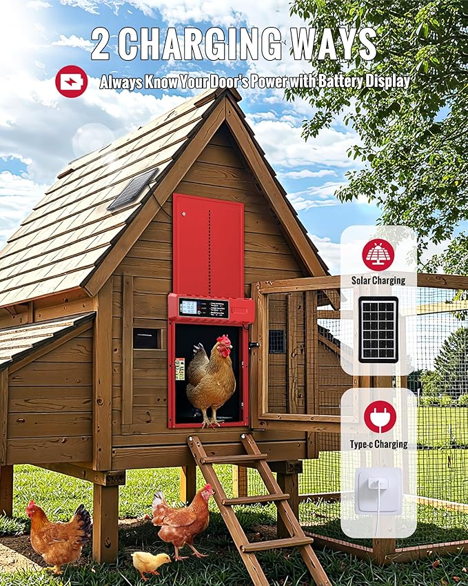 Automatic Chicken Coop Door Solar Powered with XL Large Size 10.8″x 14.2″ Red Auto Chicken Door Design with USB-C Charging & 3 Modes, Anti-Pinch & Aluminum Alloy Weather Proof