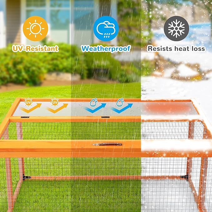 Portable Chicken Coop with UV-Proof Panel, 4X Garden Stakes, Wooden Rabbit Hutch, Chicken Brooder Box Indoor, Outdoor Folding Chicken Cage, Top & Side Openable Doors, 43.3Inch (Orange)