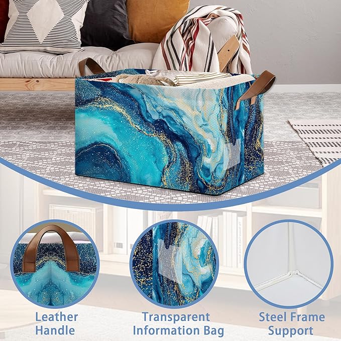 Blue Gold Marble Collapsible Storage Box,Organizer Bin with Handles for Room Decoration,Bins Book Basket Box 17x11.5x10Inch