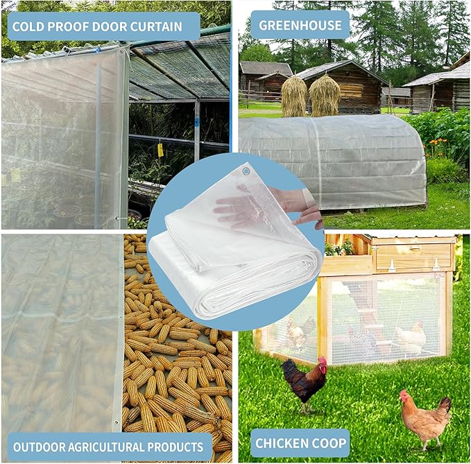 TARPAL 12'x25' Semi Clear White Tarp Waterproof Green House Cover with Grommets 7.5mil Clear Poly tarps for Gardening,Farm, Garden,Chicken Coops，Outdoor