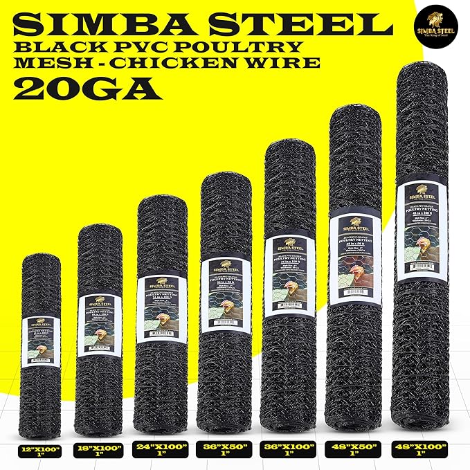 24” x 100 FT PVC Hexagonal Poultry Netting Chicken Wire | 1" Mesh | 20 Gauge | Black PVC Vinyl Coated | Rust Proof | for Garden, Fence, Chicken, Rabbit (PVC 24 x 100)