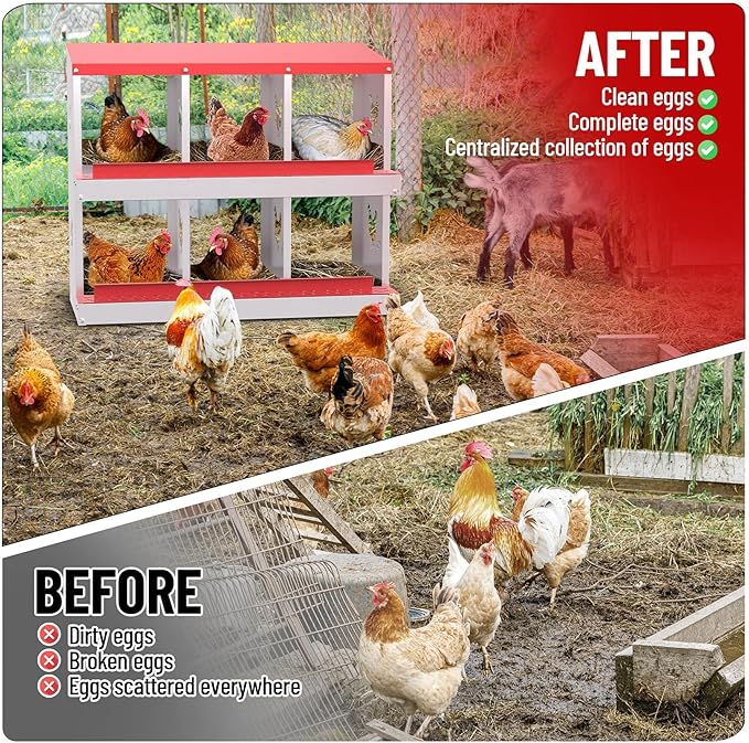 Chicken Nesting Boxes,6 Compartments Galvanized Steel Metal Laying Boxes,Pull-Out Egg Box Easy Egg Collection & Clean,Wall Mount Suitable for Farm Chicken House,Red