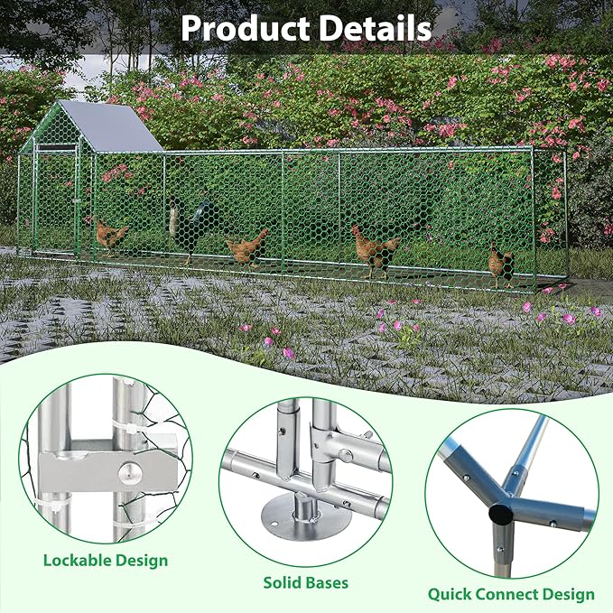 KEIKI Large Metal Chicken Coop, Metal Chicken Run with Waterproof Cover, Farm Poultry Run Hutch Hen House, Outdoor Walk-in Chicken Pen for Poultry Duck Rabbit, 16.33ft x 3.52ft x 4.97ft