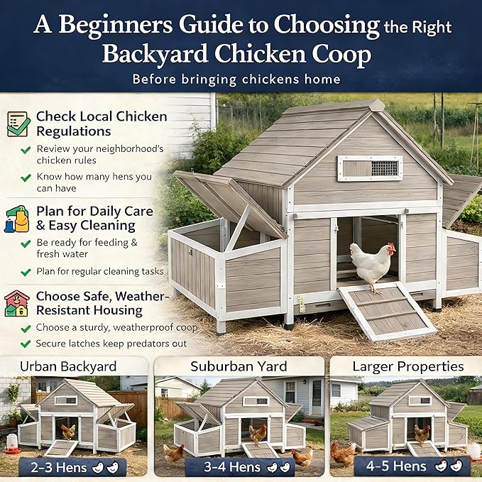 Outdoor Chicken Coop Wooden Hen House for 2-4 Chickens for Small Backyard Weatherproof Roof, 6 Nesting Box, 3 Perche,Tray for Families and Beginners Raising Chickens at Home (Hencoop 86)