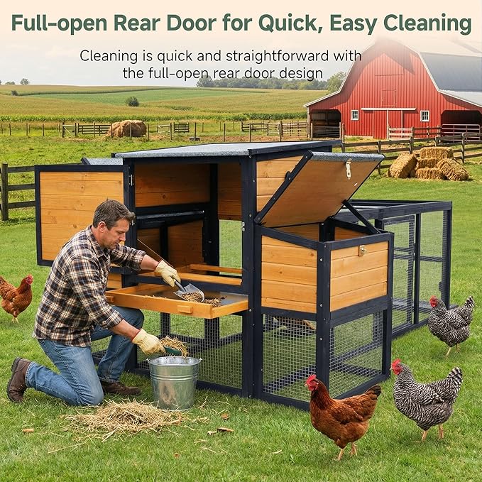 83" Large Wooden Chicken Coop with Run, Outdoor Chicken House for 4-6 Chickens, Ventilation Window & Sliding Doors, Waterproof Felt Roof, Easy-Clean Full Rear Door, Predator-Proof Latches
