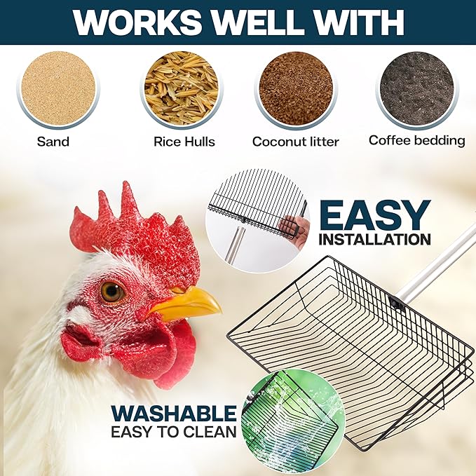Chicken Poop Scooper - Chicken coop accesories with Hook and Brush, Durable Metal Litter Scoop Heavy Duty and Rust Resistant for Poultry Farmers, Easy to Clean, Lightweight and Portable coop Scoop