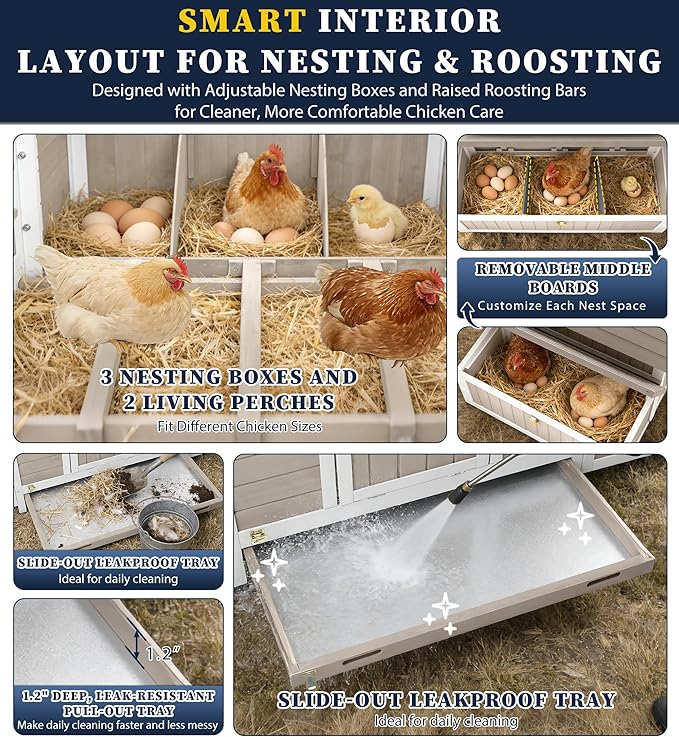 61" Large Outdoor Wooden Chicken Coop for 2– 6 Chickens Compact Backyard Weatherproof Hen House with Raised Floor, 6 Nesting Boxes, 3 Perches & Easy-Clean Slide-Out Tray