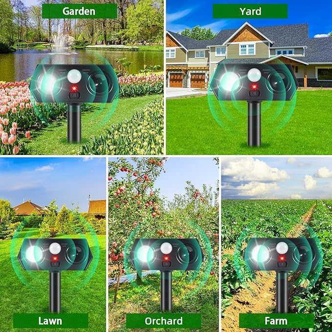 Sonic Racoon Fortress Pro IP65 Solar Ultrasonic Animal Repellent Outdoor Deer Repellent Devices Cat Deterrent Deer Alarms for Gardens with Motion Sensor&Light Rabbit Squirrel Skunk Dog Repeller(4)