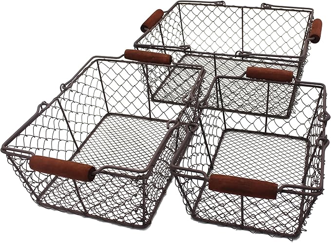 CVHOMEDECO. Primitive Chicken Wire Gathering Baskets with Wood Handle Rectangular Farmhouse Storage Baskets Set, Rusty, Set of 3