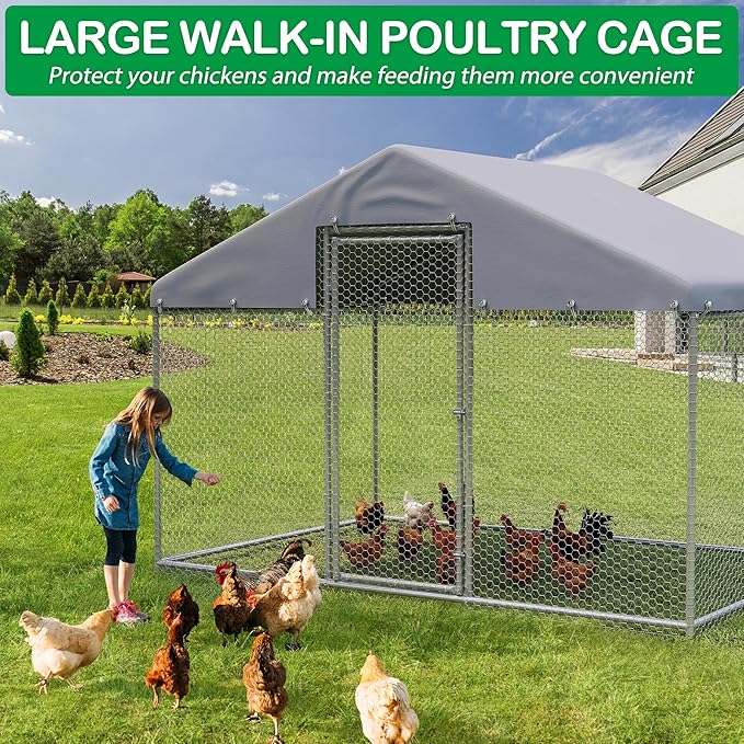 Large Metal Chicken Coop, Walk-in Chicken Run Pen with Waterproof Cover, Spire Roof Poultry Cage for Outdoor, Backyard, Farm (6.4'Wx9.7'Lx6.4'H)