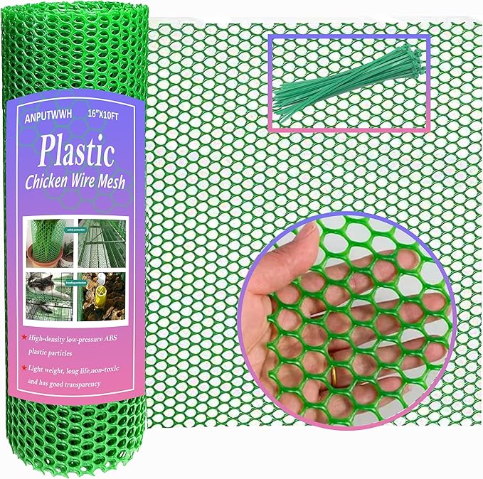 Upgraded Plastic Chicken Wire Fence Mesh(16INx10FT) - Black/Green/White Colors 0.3" Openings,for Garden Net, Poultry Fencing, Chicken Wire Frame,Animal Cage Fence,Floral Netting (Green)…
