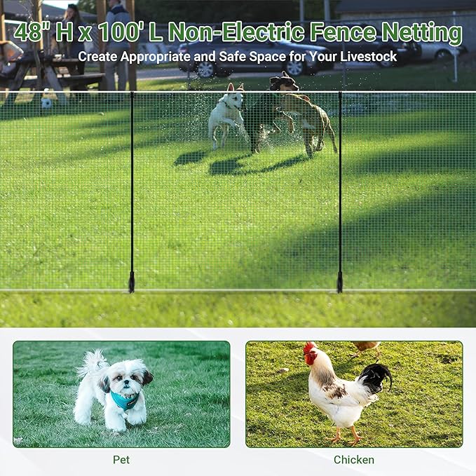 Non Electric Fence Netting 48" x 100', Boundary Fence with Double Spiked Posts&Windproof Kit, Portable Poultry Fence for Dogs, Chickens, Ducks, Turkeys Suitable in Backyard, Garden