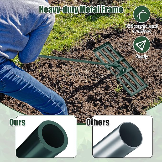 Happygrill Lawn Leveling Rake, Heavy Duty Lawn Level Tool for Soil w/67” Handle, Dirt Ground Leveler, Effort-Saving Landscape Rake for Garden, Backyard, Golf Course, Farm, Pasture (30" x 10", Green)