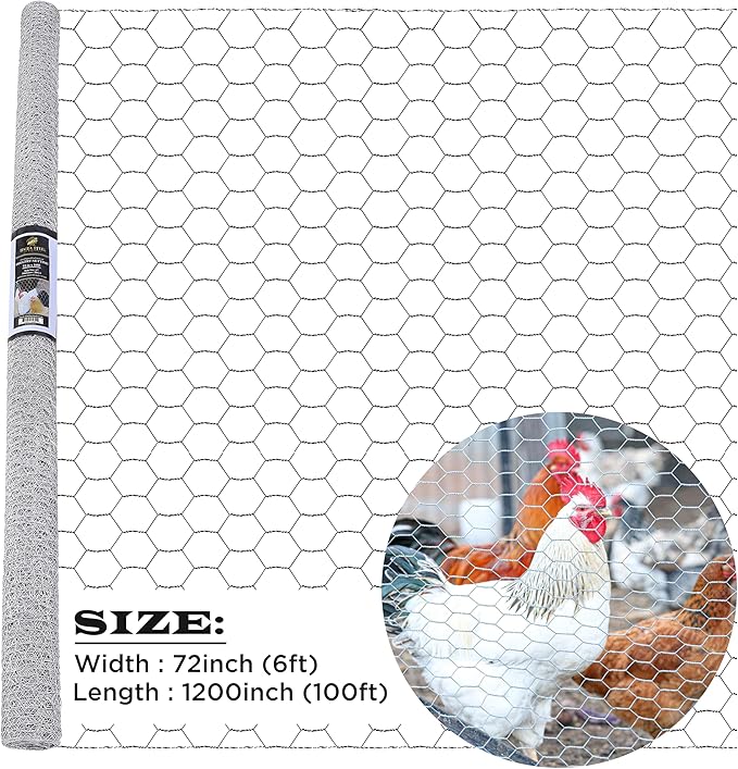 Chicken Wire 72 in x 100 FT x 1” Mesh x 20GA | Poultry Wire Netting | Hot Dipped Galvanised | Hexagonal Galvanized Mesh for Chicken Coop, Rabbit Cage, Fence Barrier