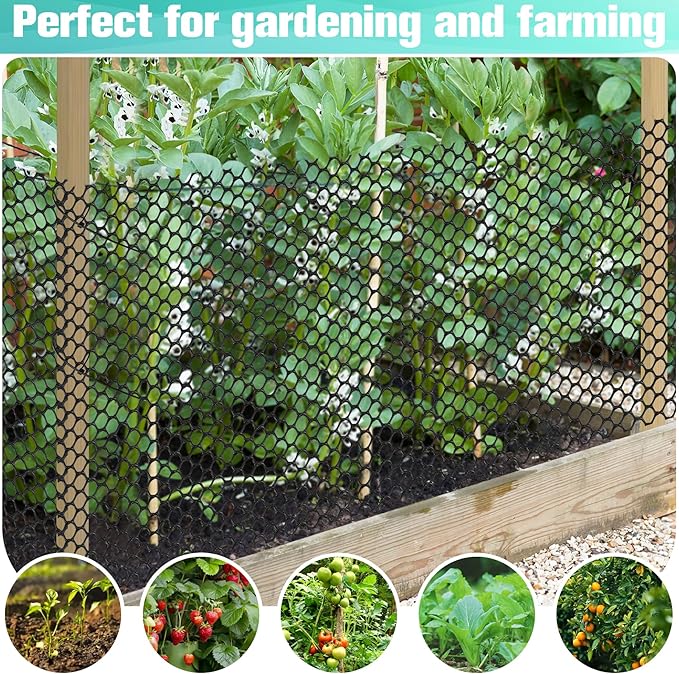 Plastic Mesh Fence Sheet 15.7IN x 10FT - 0.3IN Opening Plastic Chicken Wire Netting Roll Durable for Dogs, Poultry, Puppy, Garden Snake Barrier with 50 Pcs Zip Ties - Black