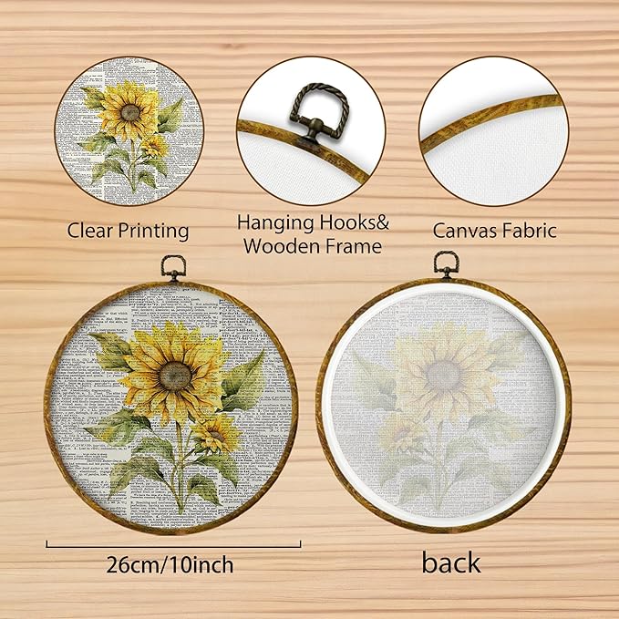 Hiuwevt Vintage Flower Round Wall Art, Rustic Floral Wall Decor, Retro Summer Yellow Floral Hanging Canvas Prints Walls Decorations for Farmhouse Home Bedroom Living Room, 10x10 Inch