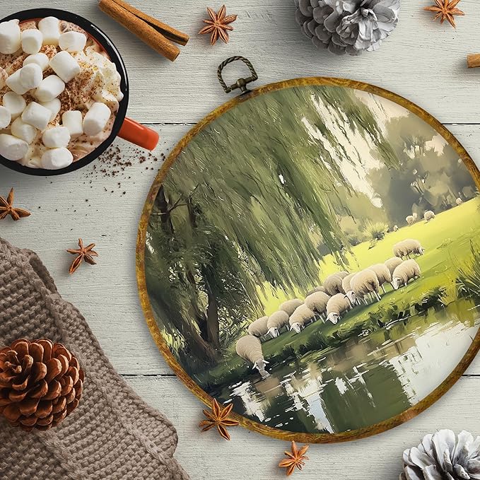 CUANFDDSF Rustic Farmhouse Sheep Round Wall Art, Retro Countryside Landscape Cottagecore Framed Hanging Wall Decor, Country Farm Life Animal Canvas Prints Decorations for Home Living Room, 10x10 Inch