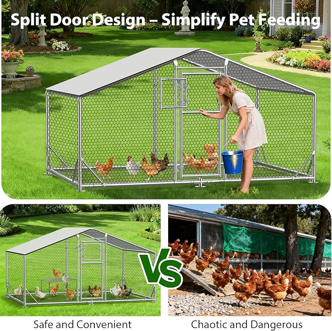 10x6.5 FT Metal Chicken Coop with Perch, Functional Split Door Chicken Coop Run with Cover & Hardware Cloth,Heavy Duty Chicken Pen with Aluminum Frame, Easy Setup Animal Run for Hen, Duck, Goat