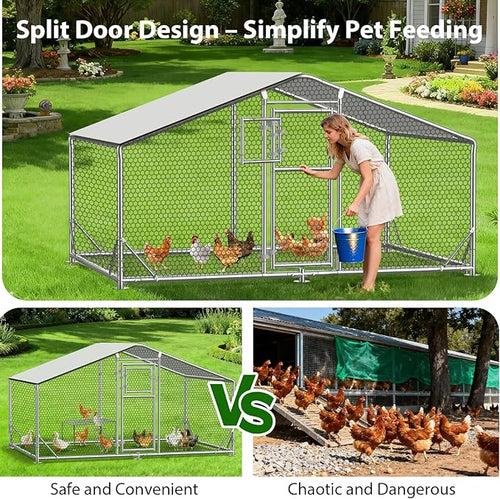 10x6.5 FT Metal Chicken Coop, Functional Split Door Chicken Coop Run with Cover & Hardware Cloth,Heavy Duty Chicken Pen with Aluminum Frame, Easy Setup Animal Run for Hen, Duck, Goat