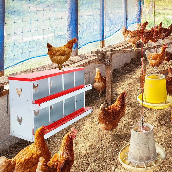 Confote Two-Tier Chicken Nesting Box, 8 Compartment Egg Laying Box, Galvanized Steel Laying Boxes with Lid Cover