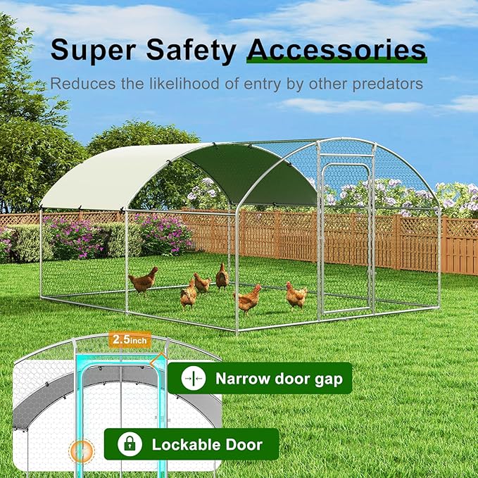 Large Metal Chicken Coop Walk-in Poultry Cage with Waterproof and UV-Resistant Cover, Outdoor Chicken Run Poultry Hen House for Backyard Farm Use,Dome Roof(10’ W x 13.2’ L x 6.4’ H)