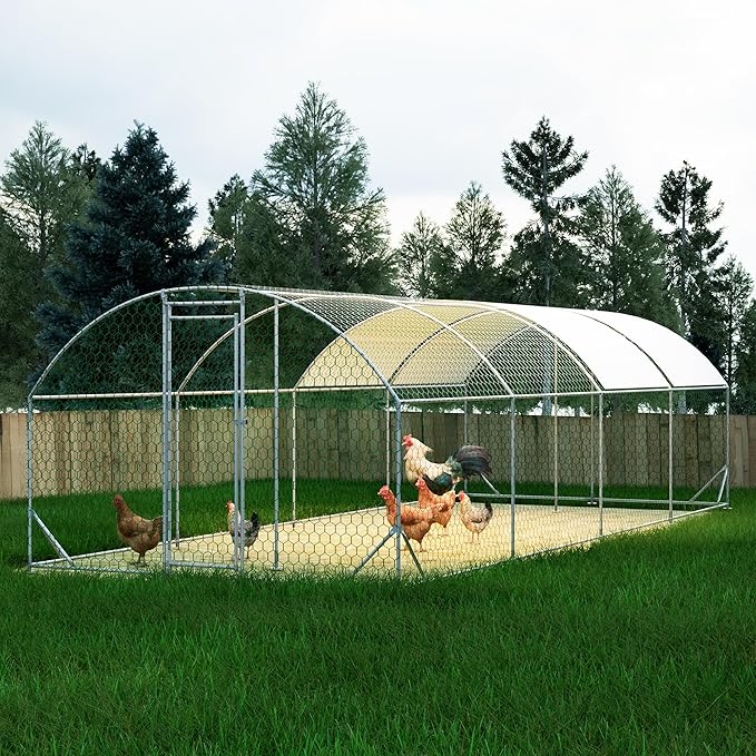 KEIKI Metal Chicken Coop, Metal Chicken Run with Waterproof Cover, Farm Poultry Run Hutch Hen House, Heavy Duty Outdoor Walk-in Chicken Pen for Poultry Duck Rabbit, 26ft x 9ft x 6ft