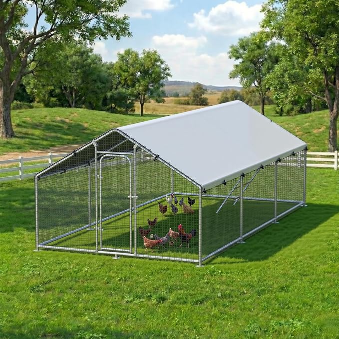 Large Metal Chicken Coop Run with Roosting Perch, Outdoor Poultry Cage with Waterproof & UV-Resistant Cover for Chickens, Ducks, Rabbits in Yard or Farm Use, Spire Roof(8.9'W x17.7'L x 6.6'H)