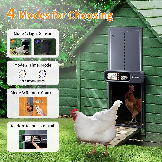 Automatic Chicken Coop Door Solar Powered with Timer, Light Sensor, Remote Control, Anti-Pinch, Waterproof, Aluminum Coop Door, 4 Auto Modes, Comfort Larger Size Duck Chicken Turkey House Door
