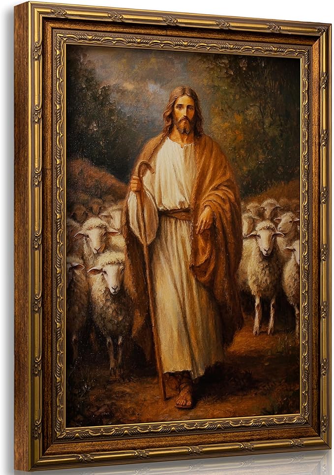 Vintage Gold Framed Wall Art Jesus and Lamb canvas wall decor Christian Jesus Sheep Oil Painting Prints Religious Shepherd Picture Poster Artwork for home Living Room Bedroom prayer room 9x11in