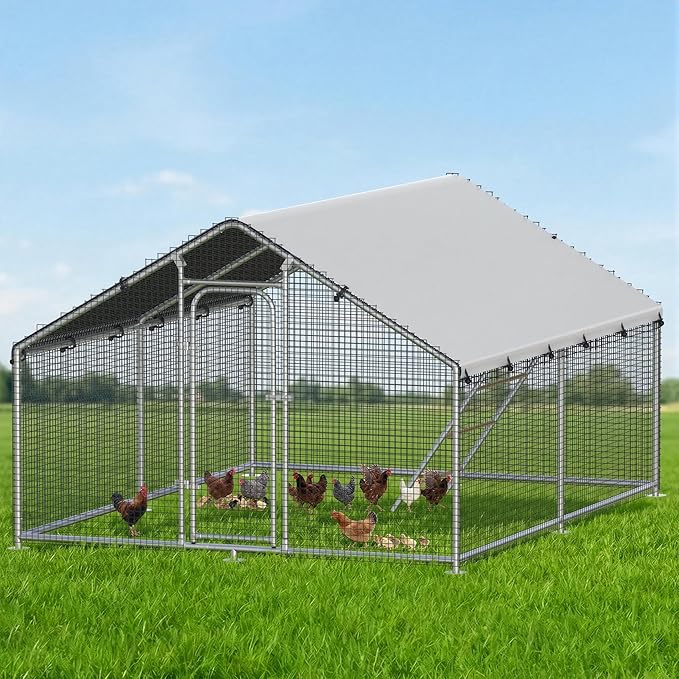 Large Metal Chicken Coop Run with Roosting Perch, Outdoor Poultry Cage with Heavy Duty Wire Mesh and UV-Resistant Cover for Chickens Use, Spire Roof (8.9'W x11.8'L x 6.6'H)