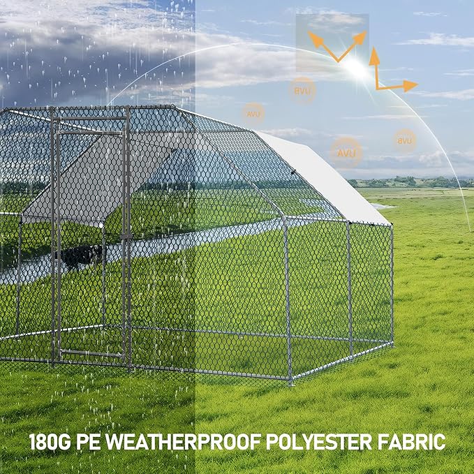VINGLI Large Metal Chicken Coop, 13.1x9.8x6.5 ft Poultry Cage for Chicken Run, Walk-in Chicken Pen with Waterproof & Anti-UV Cover for Yard Outdoor (Silver-Flat Roof)