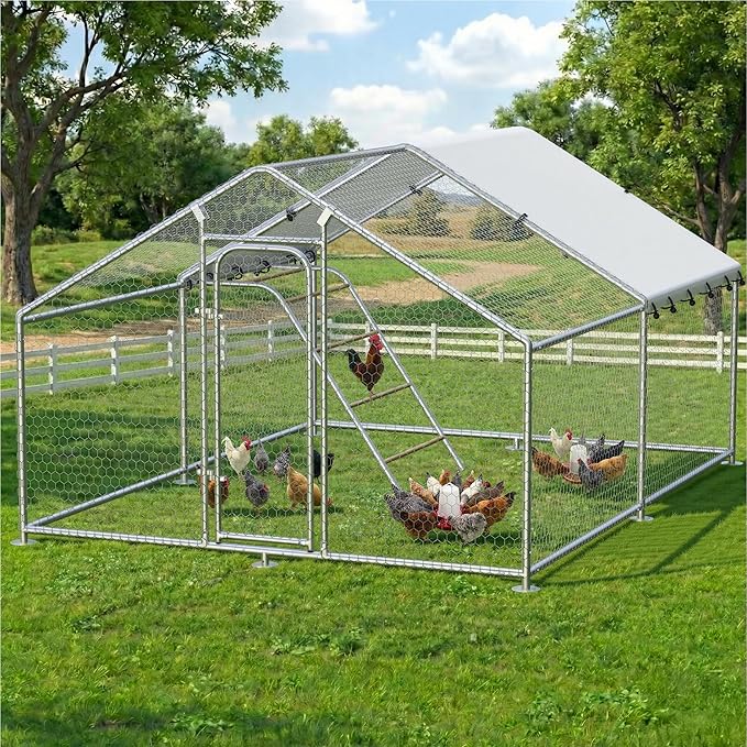 Large Metal Chicken Coop with Roosting Perch, Waterproof and UV-Resistant Cover,Outdoor Walk-in Cage Hen House for Yard Farm Rabbit Duck Chicken Run Spire Roof (10’ W x 13.2’ L x 6.4’ H)