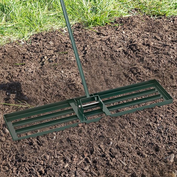 Happygrill Lawn Leveling Rake, Heavy Duty Lawn Level Tool for Soil w/67” Handle, Dirt Ground Leveler, Effort-Saving Landscape Rake for Garden, Backyard, Golf Course, Farm, Pasture (42" x 10", Green)
