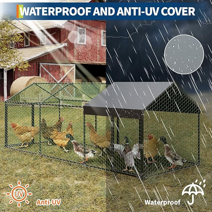 Large Metal Chicken Coop 120 in x 40 in x 40 in,Chicken Run with Waterproof Anti-UV Cover, Poultry Cage for Protecting Hens,Chickens Cages for Backyard & Farm