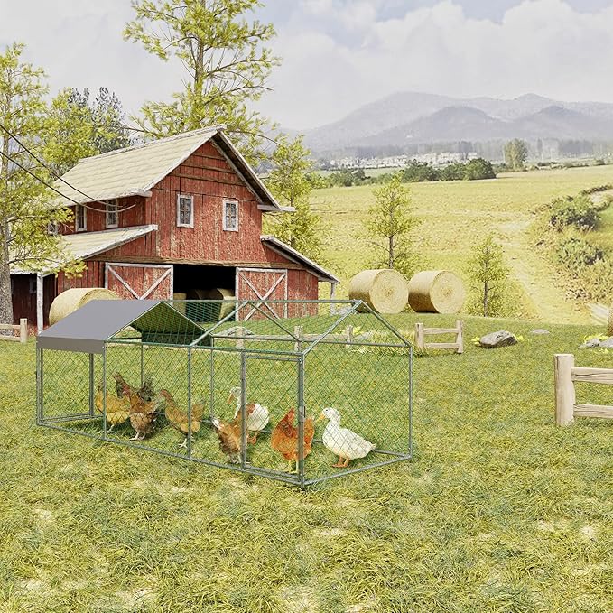 Large Metal Chicken Coop Run for 8-12 Chickens, Chicken Runs for Yard Run Hen House with Waterproof Anti-UV Cover, Portable Chicken, Coop for Outdoor Chicken Rabbit Duck, Silver, 120"×40"×40"