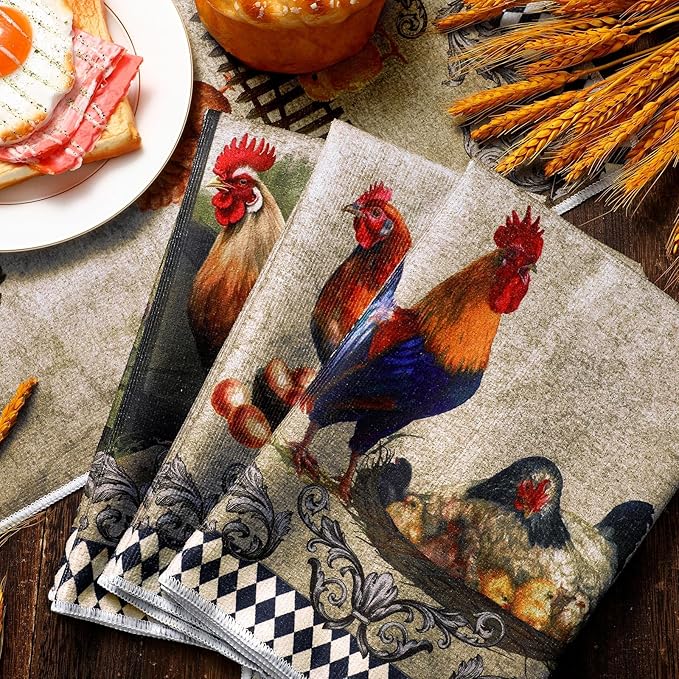 Geyoga 4 Pcs Chicken Kitchen Towels Rooster Dish Hand Towels Farm Animal Cow Vintage Rustic Tea Cloth for Spring Easter Bathroom Farmhouse Decor Gifts, 16 x 24 Inch(Delicate Color,Rooster)