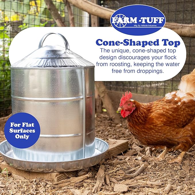 FARM-TUFF Galvanized Poultry Waterer, 5 Gallon Capacity - Double-Wall Poultry Fountain with Cone Top - Automatic Gravity-Fed Water Dispenser for Chickens, Ducks & Game Birds