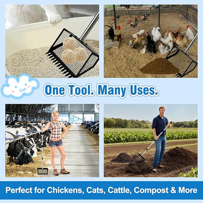 PETCHO Chicken Poop Scooper and Rake 2-in-1 – Heavy Duty Metal Manure Shovel with Adjustable Stainless Steel Handle– Coop Cleaning Tool for Poultry, Barn