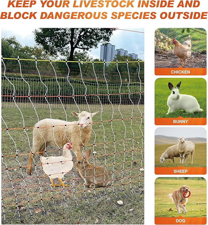 Poultry Electric Netting Fence - 41.3''H (can be Manually Raised to 53.1''H) x 65.6'L for Flying Chicken, Sheep, Goats in Farms, Ranches and Gardens, PK2